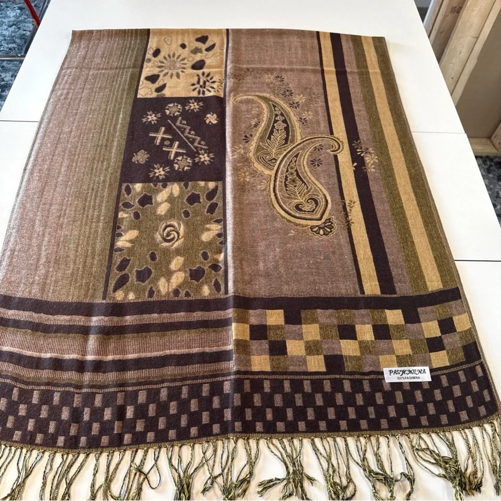 Pashmina Scarf Wrap Shawl Throw Brown Paisley Checkerboard Stripe Fringe 28
